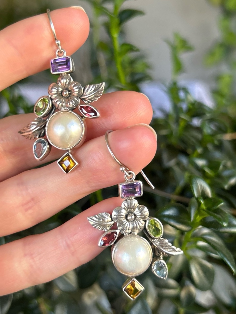 Sterling Silver Pearl & Multi-Gem Floral Drop Earrings